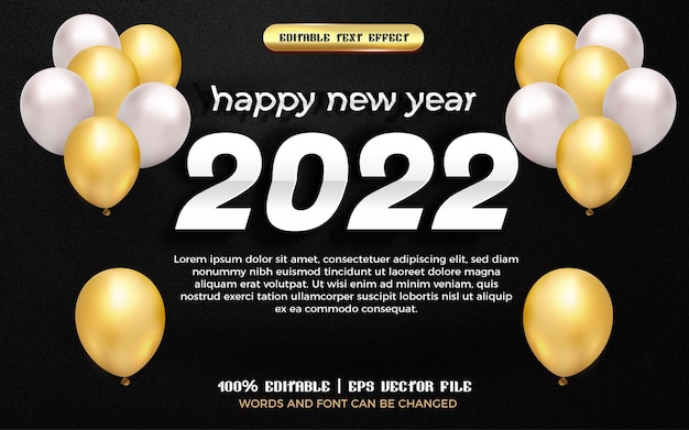 Felice anno nuovo 2022 carta bianca tagliata effetto testo modificabile 3d con palloncino dorato
