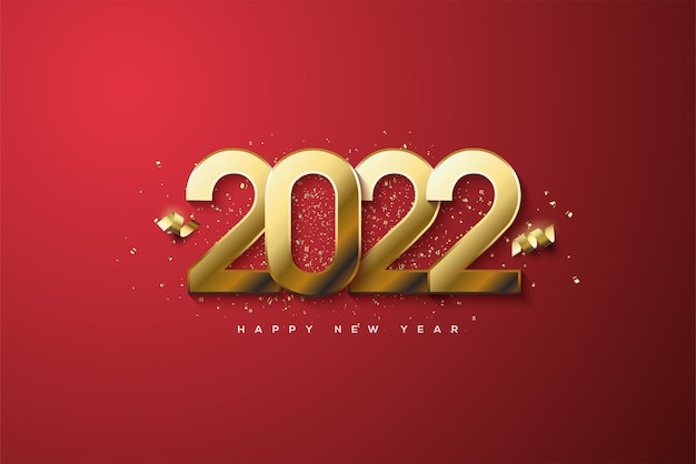 Felice anno nuovo 2022 con nastro dorato e numeri color oro lucido