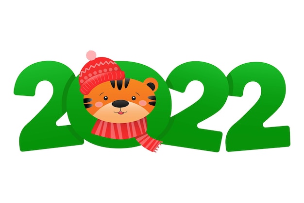 Felice anno nuovo 2022 design festivo con tigre divertente cartone animato e numero del 2022 Anno della tigre