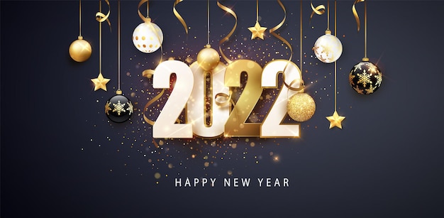 Felice anno nuovo 2022. Design festoso con decorazioni natalizie, palline, stelle filanti e ghirlande.