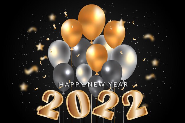 felice anno nuovo 2022 disegno di sfondo con palloncino bianco nero e oro