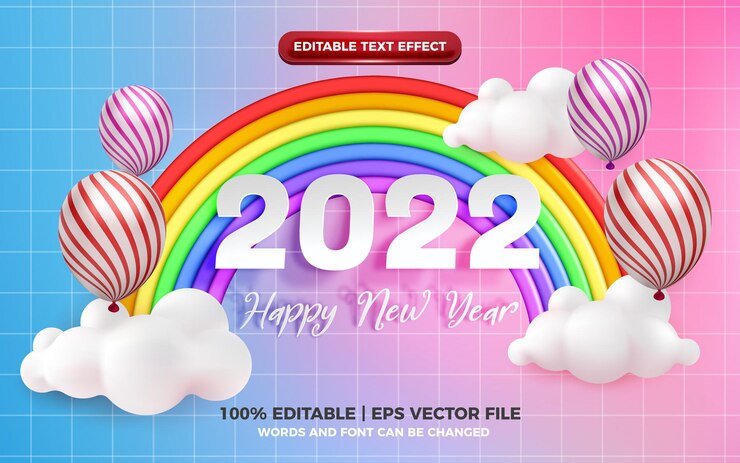 Felice anno nuovo 2022 effetto testo modificabile con simpatico stile cartone animato arcobaleno