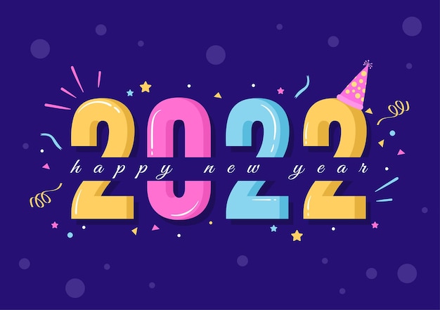 Felice anno nuovo 2022 modello design piatto illustrazione con nastri e coriandoli su uno sfondo colorato per poster, brochure o banner