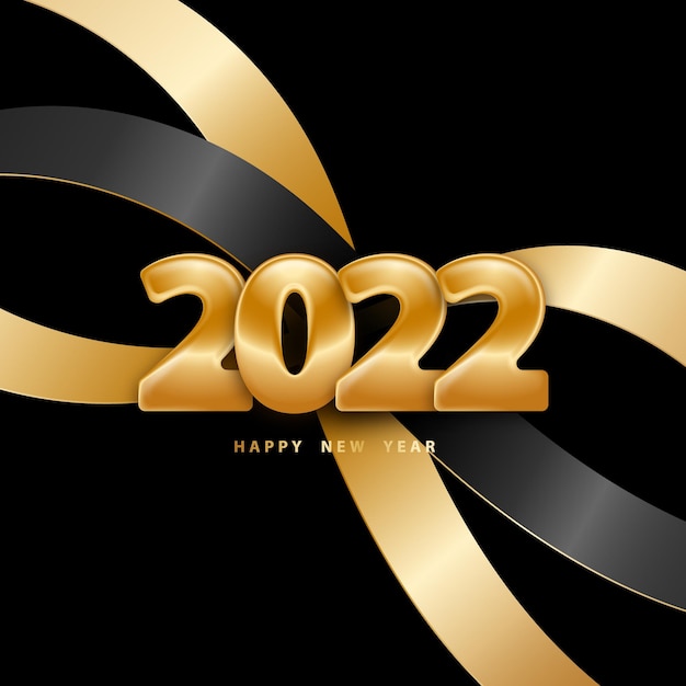 Felice anno nuovo 2022 Sfondo nero festivo con numeri e nastri dorati
