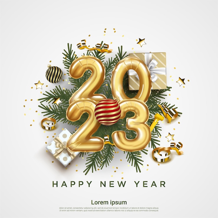 Vettore felice anno nuovo 2023. decorazione festosa realistica. festeggia la festa 2023 su sfondo quadrato