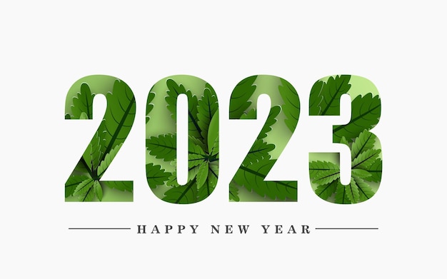 Felice anno nuovo 2023 design foglie verdi all'interno del numero su sfondo bianco