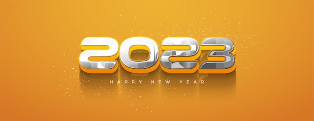 Felice anno nuovo 2023 figure 3d moderne di lusso gialle