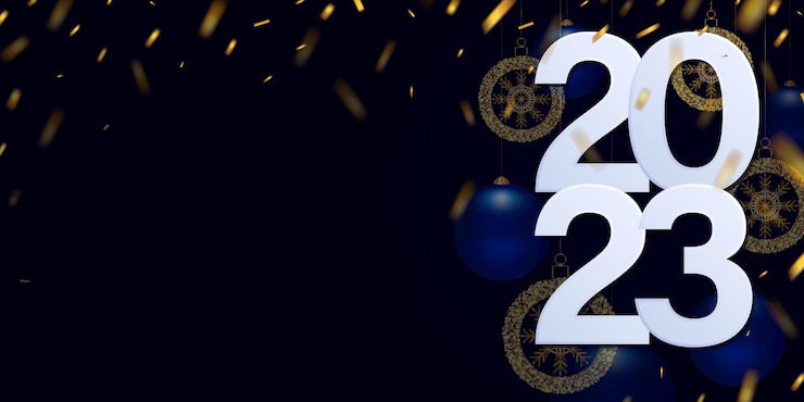 Vettore felice anno nuovo 2023. numeri argentati, fiocchi di neve e palline di vetro blu su sfondo blu scuro