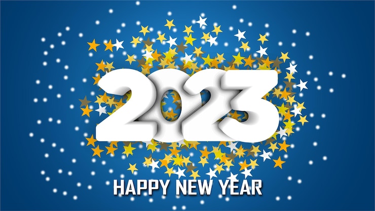 Vettore felice anno nuovo 2023 vista 3d sfondo stelle