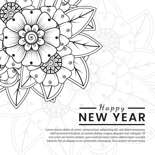 Felice anno nuovo banner o modello di carta con fiore mehndi