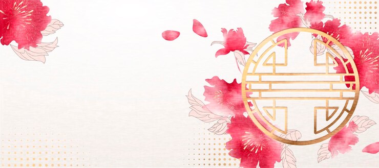 Vettore felice anno nuovo cinese banner design con peonia dipinta a inchiostro e cornice della finestra tradizionale