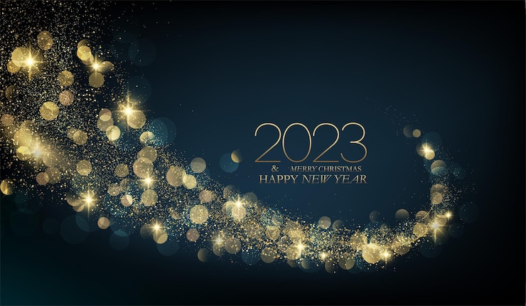 Vettore felice anno nuovo con elemento di design astratto a onda color oro lucido ed effetto glitter su sfondo scuro