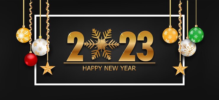 Vettore felice anno nuovo posto oro e nero collors per il testo con le palle di natale 2023 di illustrazione vettoriale