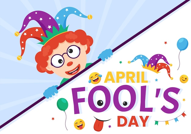 Felice April Fools Day Celebration Illustration che indossa un cappello da giullare e una sorpresa disegnata a mano