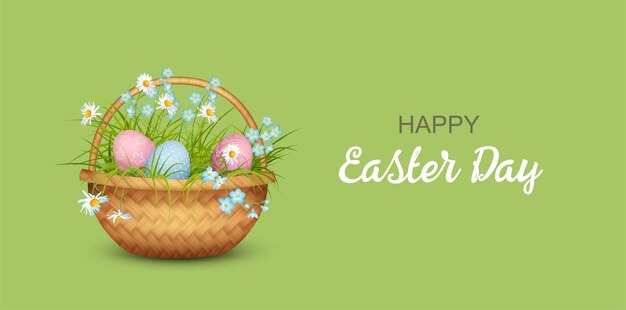 Felice bandiera di Pasqua cesto di Pasqua con uova e fiori di primavera e erba
