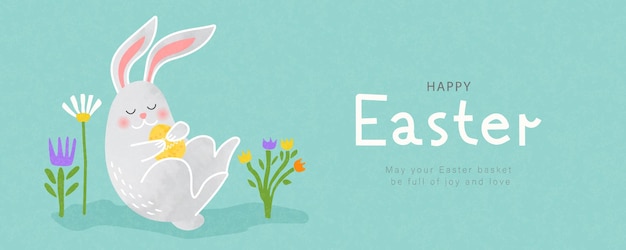 Felice bandiera di Pasqua con un cucciolo acquerello grigio carino e fiori di primavera disegnati a mano con un design alla moda