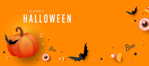 Felice banner di Halloween. Zucca arancione, caramelle colorate, grandi occhi pipistrelli su sfondo arancione. Poster di vacanza orizzontale, intestazione per sito Web