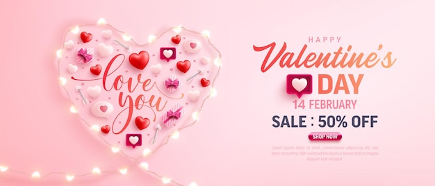 Felice banner di vendita di San Valentino con il simbolo del cuore da luci stringa LED ed elementi di San Valentino in rosa