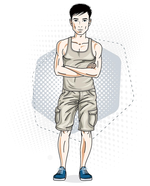 Felice brunet giovane uomo adulto in piedi. Carattere vettoriale che indossa abiti casual come pantaloncini di jeans e canotta.