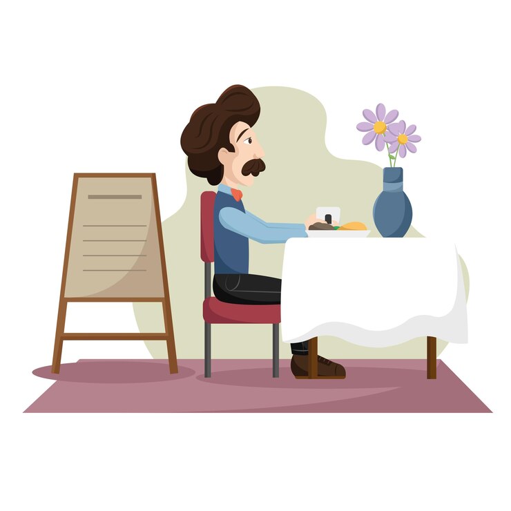 Vettore felice cartone animato hipster su un tavolo da pranzo illustrazione vettoriale