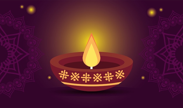 Felice celebrazione di diwali con candela in legno in sfondo viola