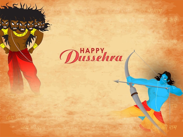 Felice celebrazione di Dussehra sfondo con Jai Shri Ram testo hindi e mitologia indù Lord Rama prendendo la mira contro il demone Ravana