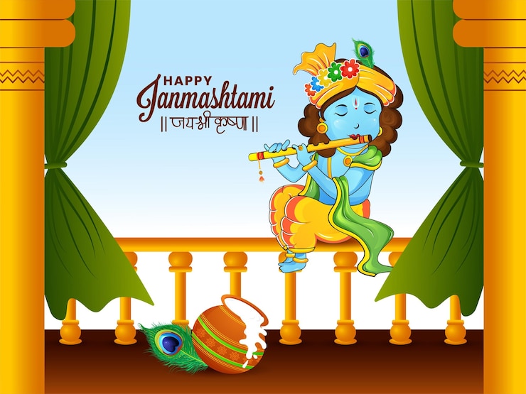 Vettore felice celebrazione di krishna janmashtami vector design con il dolce signore krishna che suona splendidamente il flauto traduzione in inglese jai shree krishna