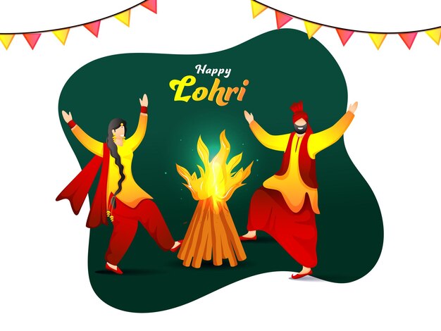 Felice celebrazione di Lohri sullo sfondo di una caricatura di una coppia punjabi che fa la danza Bhangra e l'illustrazione di un falò