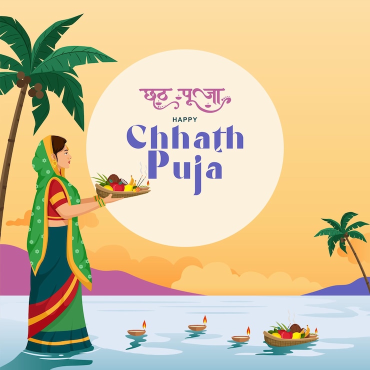 Vettore felice chhath puja holiday sfondo per il festival del sole dell'india