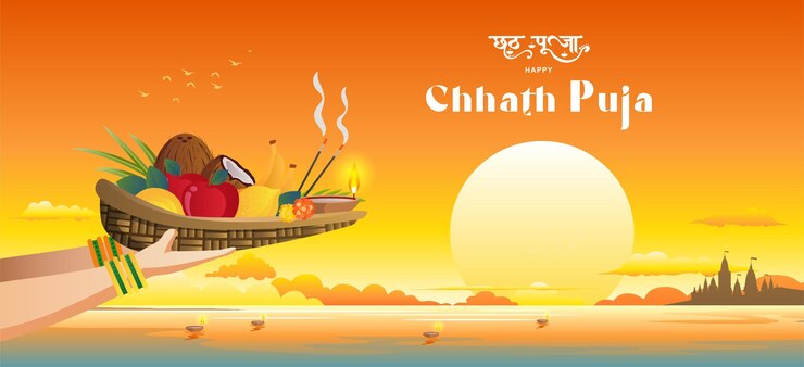 Vettore felice chhath puja holiday sfondo per il festival del sole dell'india