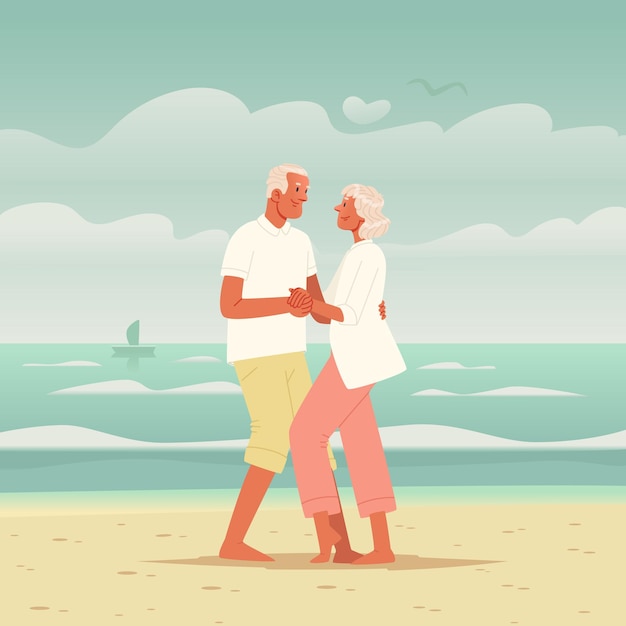 Felice coppia di anziani che ballano sulla spiaggia Anziani sul mare Uomo maturo donna active_ai_generated