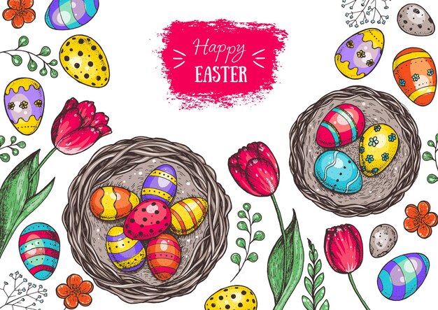 Felice cornice d'epoca di Pasqua Modello disegnato a mano per il design Uova di Pasqua primavera raccolta di tulipani e rami Illustrazione in stile cartone animato
