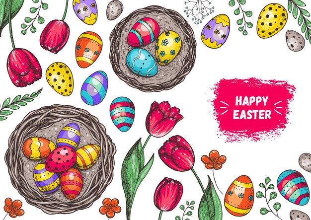 Felice cornice d'epoca di Pasqua Modello disegnato a mano per il design Uova di Pasqua primavera raccolta di tulipani e rami Illustrazione in stile cartone animato