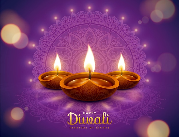 Felice design diwali con elementi di lampada a olio diya su sfondo viola rangoli, effetto bokeh scintillante