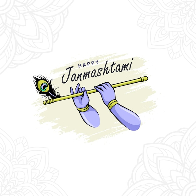 Felice disegno di Janmashtami con la mano di Lord Krishna che suona il bansuri