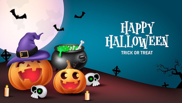 Felice disegno vettoriale del testo di Halloween Biglietto d'auguri per dolcetto o scherzetto di Halloween con zucche e strega