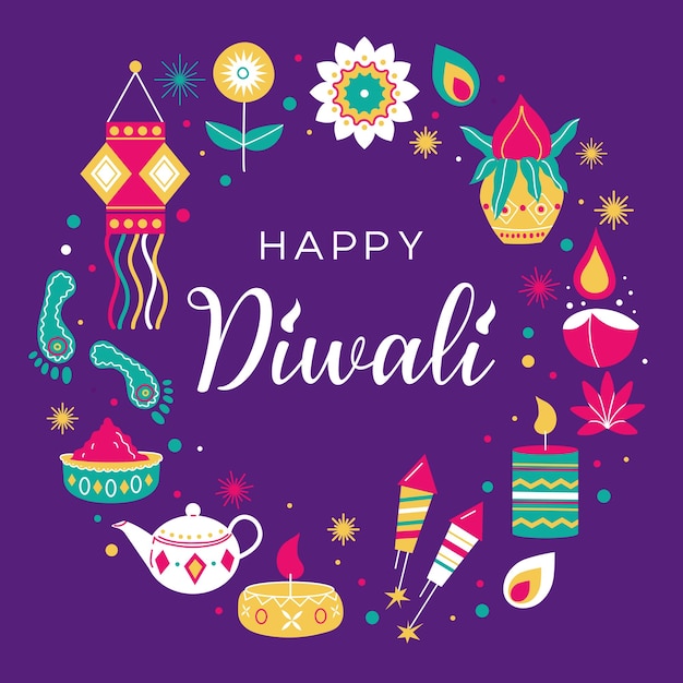 Felice Diwali Cartella di auguri per la festa indù Diwali con elementi moderni su uno sfondo scuro
