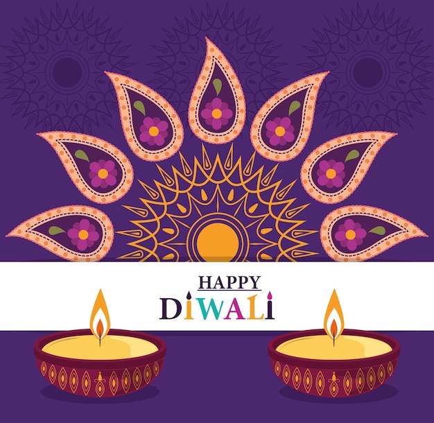 Felice diwali festival, lampade diya candele decorazione floreale mandala floreale