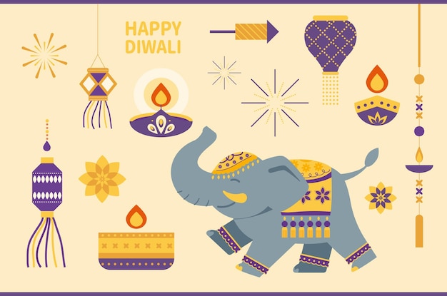 Felice Diwali festival poster elefante e lampada
