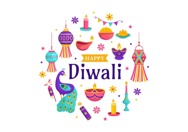 Felice Diwali Hindu Vector Illustration con sfondo indiano Rangoli per il Festival della Luce dell'India