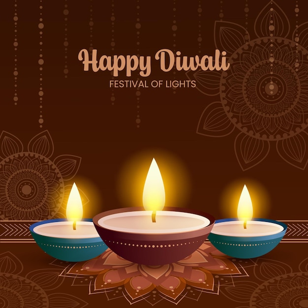 Felice Diwali Indian Festival Celebrazione sullo sfondo con Diyas e mandala Template