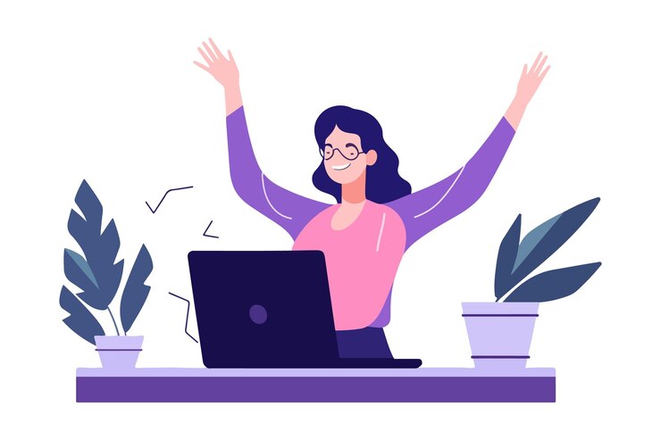 Vettore felice donna d'affari che tiene il portatile alza il dito per l'eccitazione per il concetto innovativo la gioiosa lavoratrice genera idee mentre lavora al computer grafica vettoriale