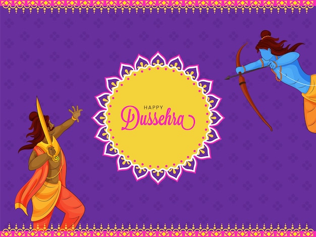 Felice Dussehra Celebration Poster Design con la battaglia tra Lord Rama e Demon Ravana su sfondo giallo e viola