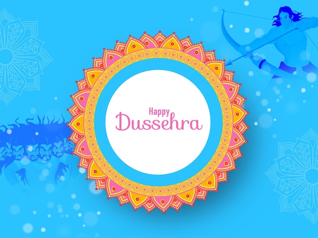 Felice Dussehra Lettering su Mandala Frame con Lord Rama prendendo una mira contro Demon Ravana su sfondo blu Bokeh