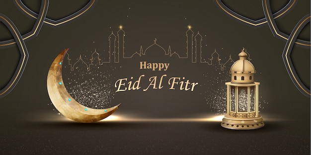 Felice eid al fitr design islamico biglietto di auguri con lanterna e falce di luna