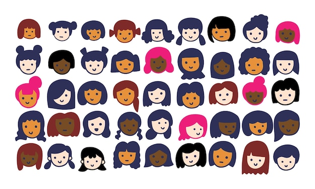 Felice emoji ragazza multi etnico vettore grande collezione di set