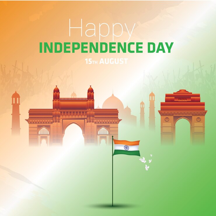 Felice festa dell'Indipendenza dell'India con punti di riferimento e bandiera