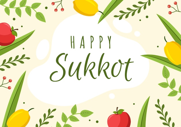Felice festa ebraica Sukkot fumetto disegnato a mano con Sukkah e sfondo decorativo