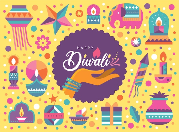 Felice festa indù di Diwali moderno design piatto con lampade ad olio colorate lanterne fuochi d'artificio e design tipografico