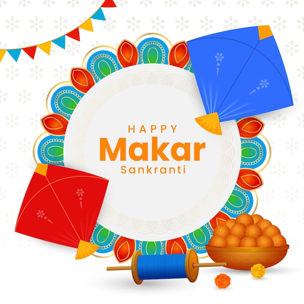 Felice festival di Makar Sankranti modello di saluto con oggetti di scena decorativi celebrazione di Makar Sankranthi
